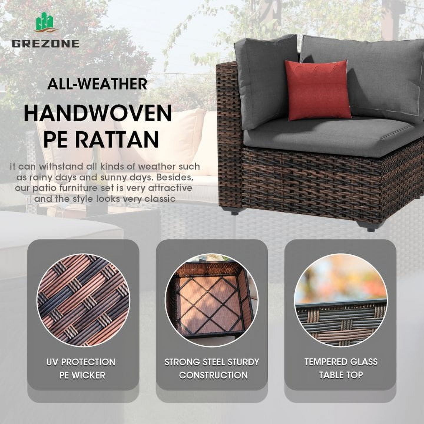 Grezone 9 Pieces Patio Furniture Set with Fire Pit Table, All Weather Outdoor Sectional PE Rattan, Patio Conversation Sets with Gas Fire Pit and Cushions for Garden Lawn Balcony Porch Deck, Grey