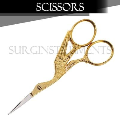 3 pcs Stork Sewing Embroidery ManiCure Scissors Gold Plated 3.5/" Bird Shape