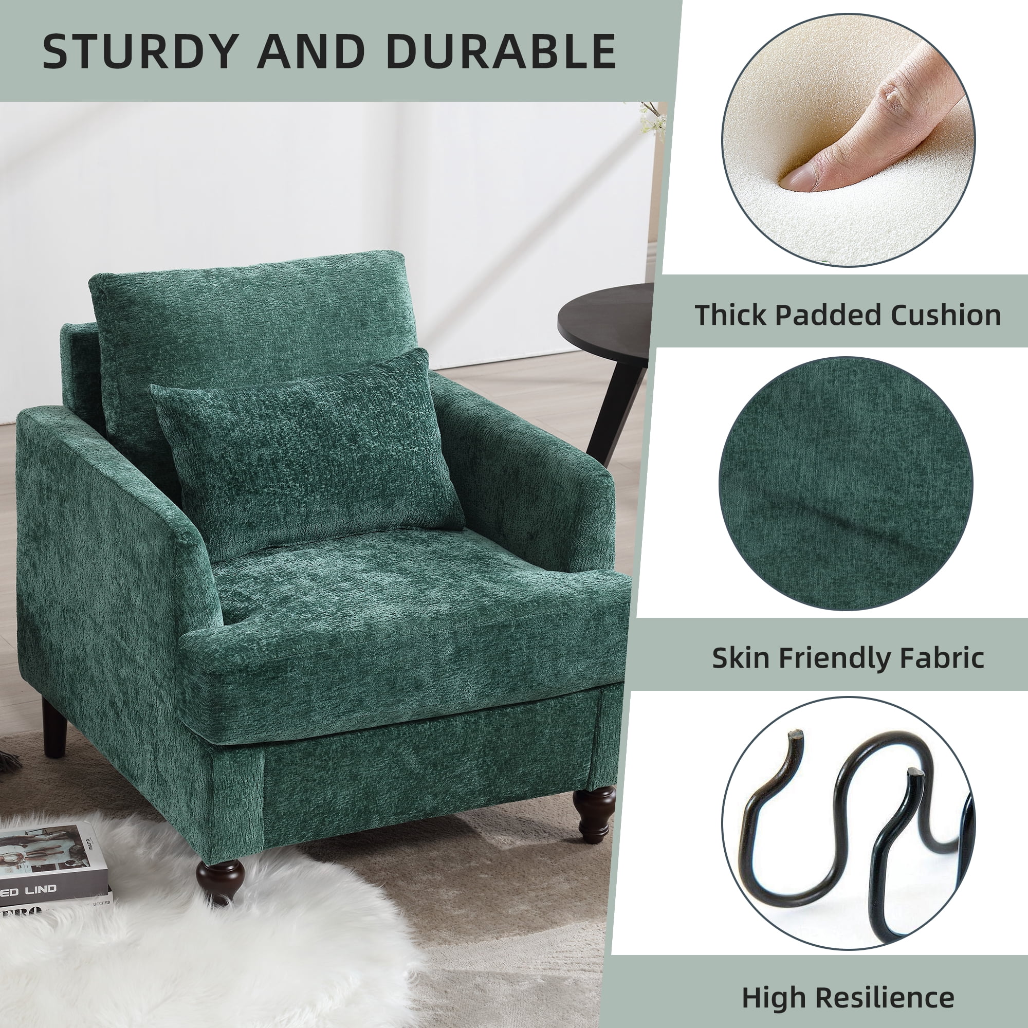 MOONMISS Modern Accent Chair, Wood Frame Upholstered Chenille Arm Chair, Comfy Small Single Couch For Living Room, Bedroom,Office Room Emerald
