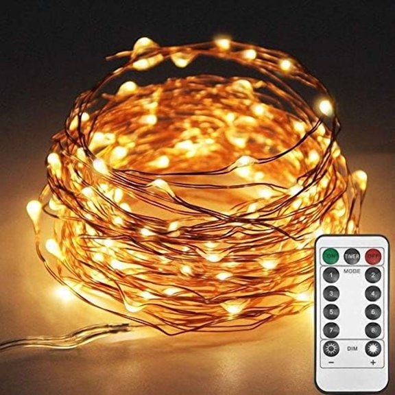 33ft 100LED Copper Wire String Lights Fairy String Lights 8 Modes USB Powered with Remote Control for Wedding Party Home Christmas Decoration, Warm White