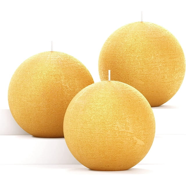 CANDWAX Set of 3 Round Candles Ball 3 inch - Round Christmas Candles Perfect as Christmas Decorations and as Decorative Candles for Home Decor - Unscented Dripless Candles Long Burning - Gold Candles