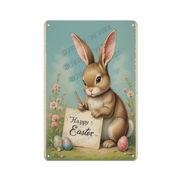 Unique Aluminum Sign Featuring a Bunny Writing an Easter Greeting, 12 x 16 Inches, A Fun and Festive Addition to Your Bathroom, Kitchen, or Living Room