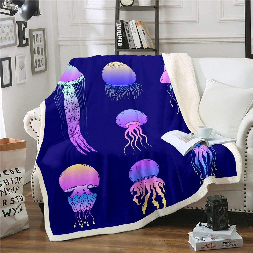 Jellyfish Royal Blue Sherpa Throw Blanket Fish Ocean Throw Blankets for