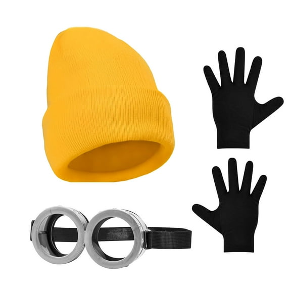 3PCS Halloween Costume Accessories, Yellow Beanie Glasses Gloves Cosplay Set