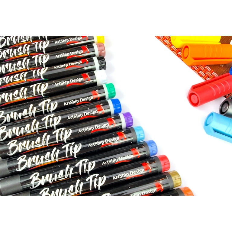 ARTISTRO 16 Brush Paint Pens and 30 Acrylic Paint Markers Fine Tip, Bundle  for Calligraphy, Rock Painting, Wood, Fabric, Card, Paper, Photo Album