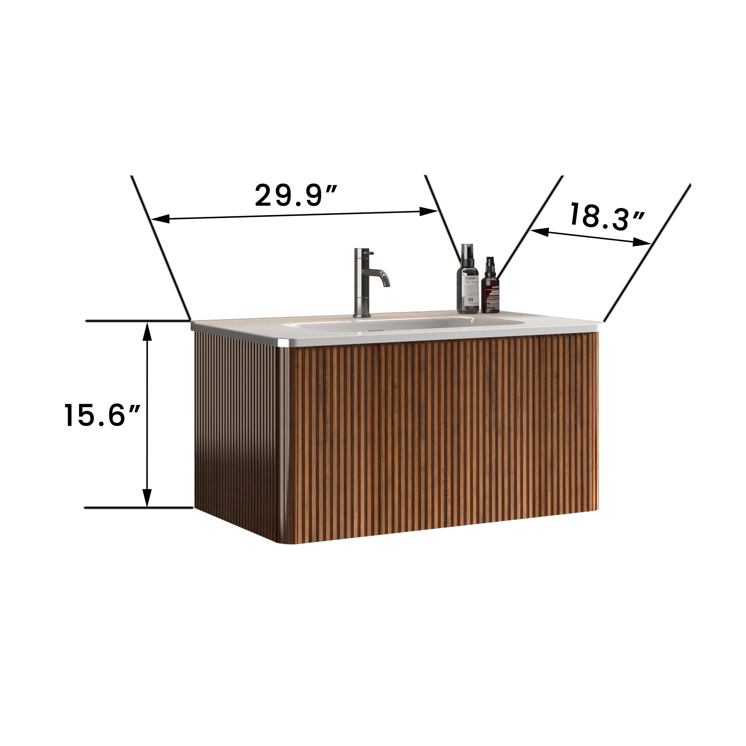 CITTANEO 30" Mid Century Bathroom Vanity with Sink, Modern Bathroom Cabinet with Push-Open Drawer, Walnut