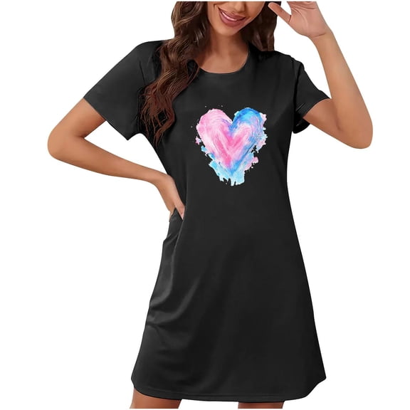 Tao Tao Womens Nightgowns Heart Print Night Tshirts Crew Neck Sleepshirts Short Sleeve Women Nightgowns & Sleepshirts For Valentine's Day Black M