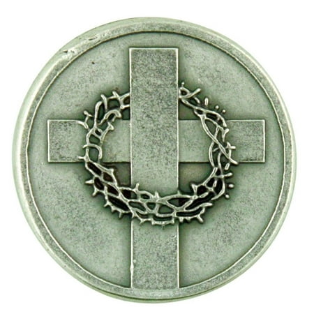 - Silver Tone Cross with Crown of Thorns Pocket Token with John 14:6 Scripture, 1 1/8 Inch