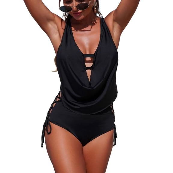 Zpanxa V Neck Push Up Swimsuit Set for Women Knot Front Blouse Top with Pants Beachwear