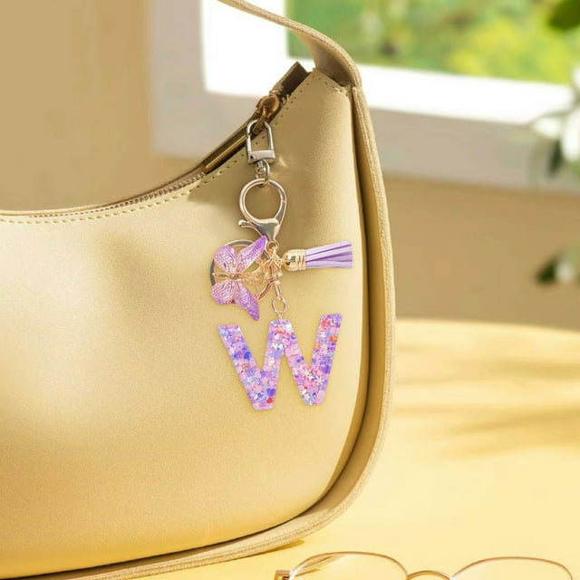 Initial Letter Keychains For Women Tassel Purple Cute Car Keychain For Wallet Backpack Bag