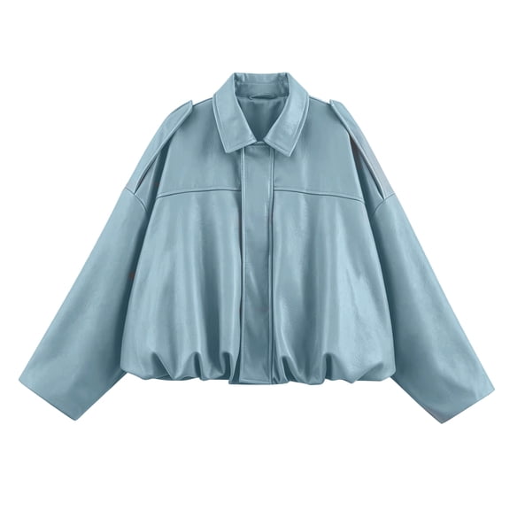 Textilo Womens Faux Leather Bomber Jacket Long Sleeves Full Zip Up Jackets with Pockets Lapel Collar Coat Casual Fashion Spring Fall Trendy Streetwear,Sky Blue XL