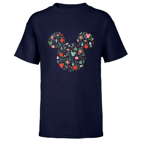 Disney Mickey Mouse Head Icon Christmas Ornaments & Holly - Short Sleeve T-Shirt for Kids - Customized-Navy
