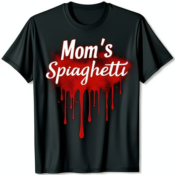Mom's Spaghetti Black T-Shirt with Dripping Red Graphic for Lovers