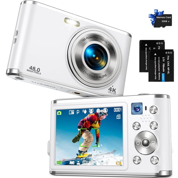 Cámara digital YOODEE FHD 4K, 48 MP, vlogging, zoom 16X, 32 GB, blanca