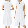 thumbnail image 2 of New Style Cardigan Stand Collar Single Breasted Cotton Linen Pocket Large Size Dress Petticoat for Women White XXL, 2 of 6