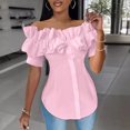 thumbnail image 4 of BYHONG Women Off Shoulder Layered Ruffles Button Down Asymmetrical Hem Top Women's Ruffle Trim Off Shoulder Short Sleeve Blouse Party Tops Shirt Pink L, 4 of 8
