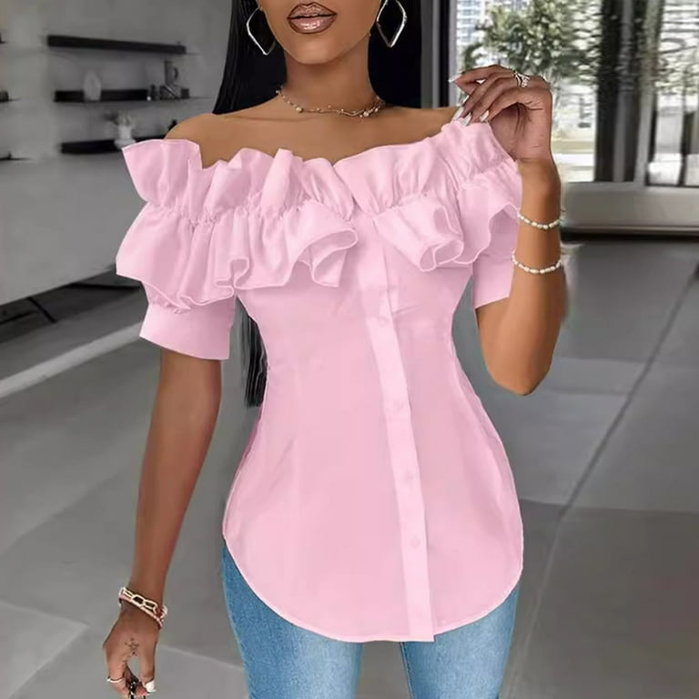 Ruffle trim asymmetrical shoulder top sale