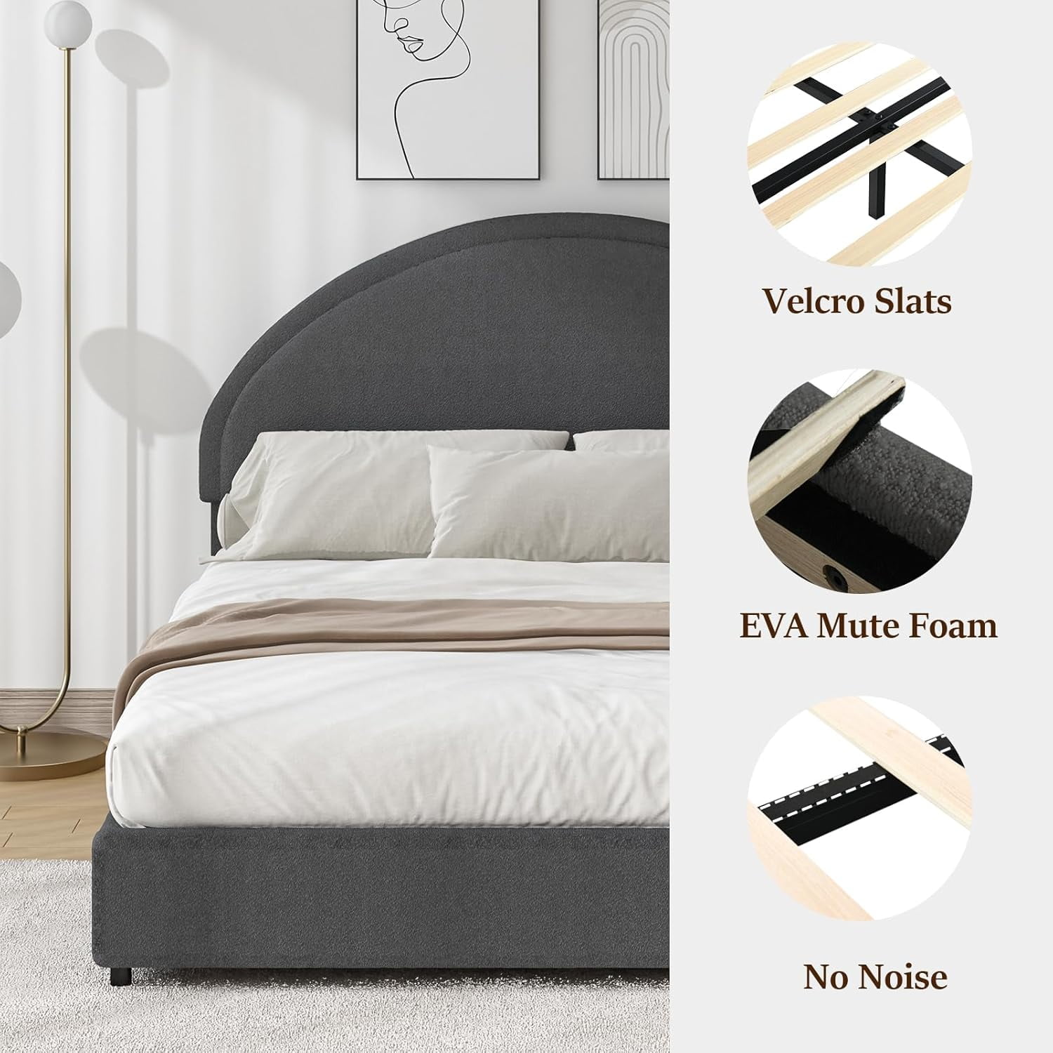 4 EVER WINNER Full Size Bed Frame, Boucle Upholstered Bed Frame with Headboard, Gray Full Bed Frame, Dark Gray