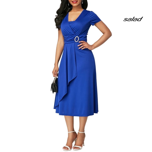 SD- tallas grandes mujeres manga corta cuello V asimétrico dobladillo cintura apretado Midi vestido de fiestapangjing