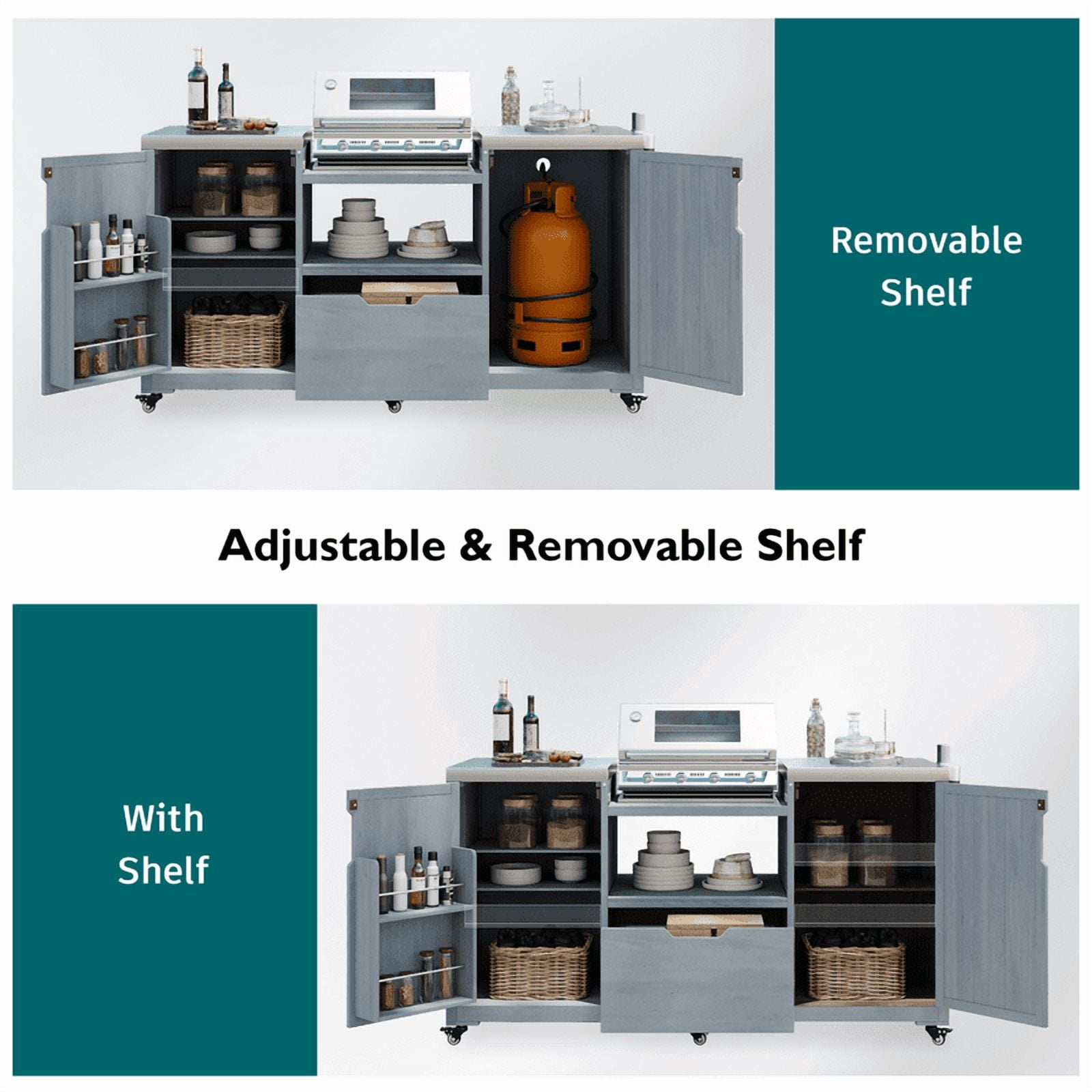 Outdoor Kitchen Island for Big Green Egg Grills, Wood Outdoor Grill Cart with Stainless Steel Top, Drawers and Storage Cabinet, 66.5''W