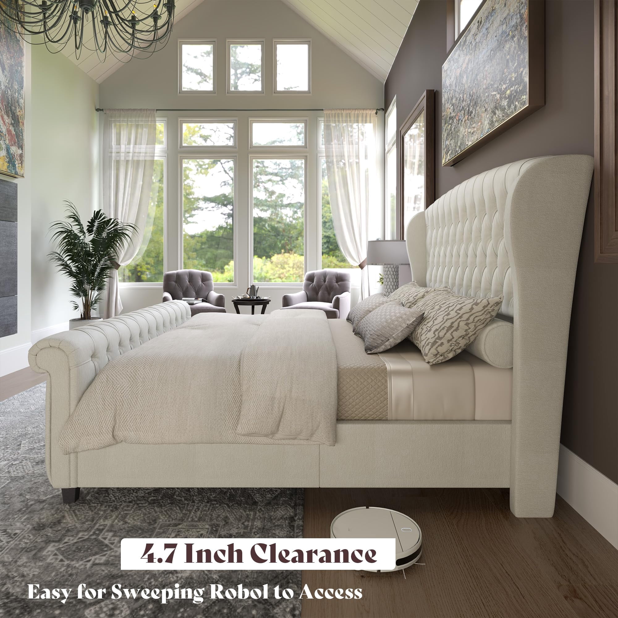 VanAcc California King Size Platform Bed Frame, Velvet Upholstered Sleigh Bed with Scroll Wingback Headboard & Footboard/Button Tufted, Cream