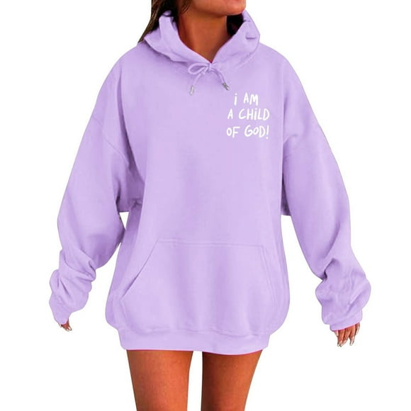 Hoodies for Women Autumn Loungewear Hoodie Subtle Letter Print Casual Pullover Hooded Sweatshirt with Front Pocket Women Sweater Purple M
