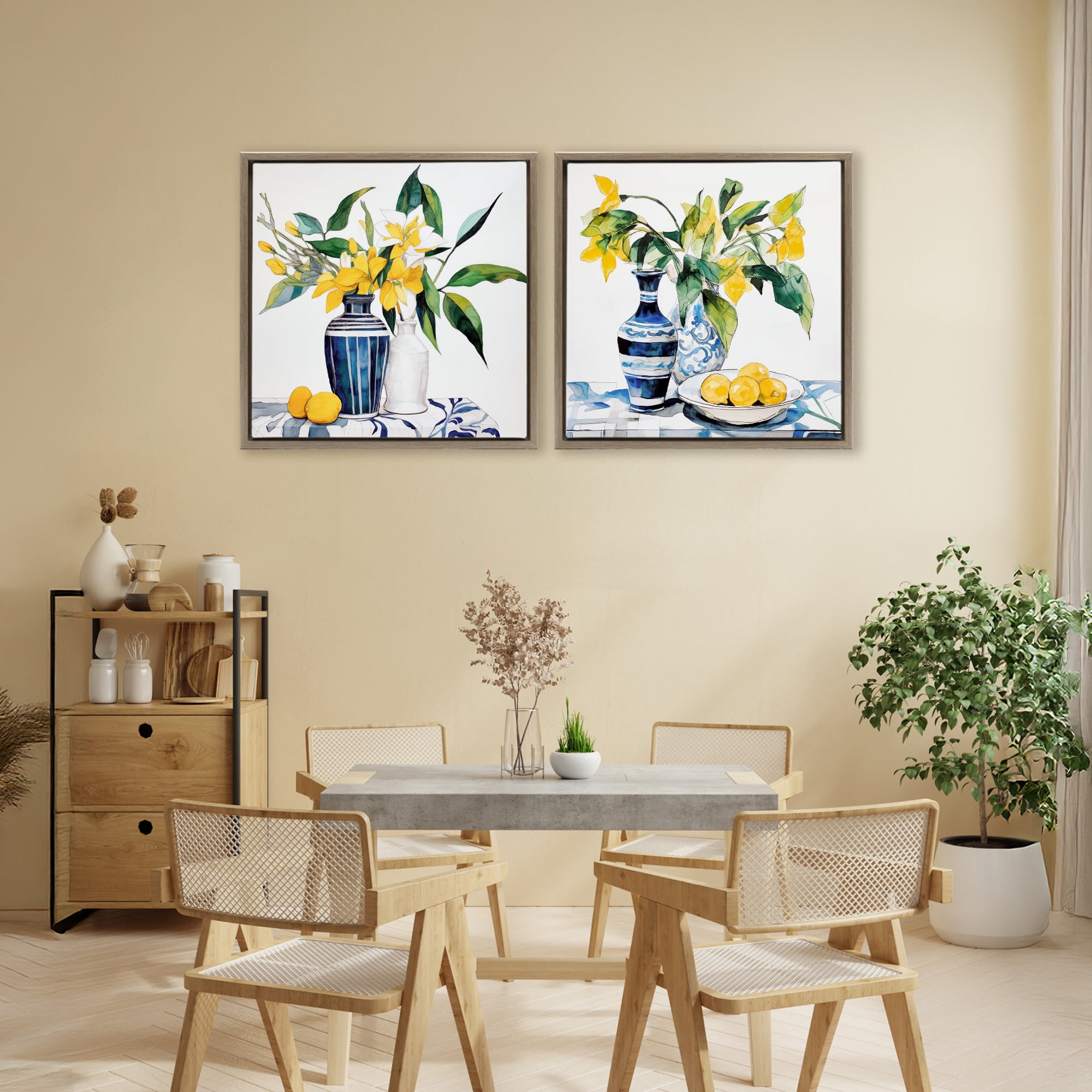 Stupell Industries Lemon Blooms Table Setting 2 Piece Brown Framed Floater Canvas Set, design by Ray Powers