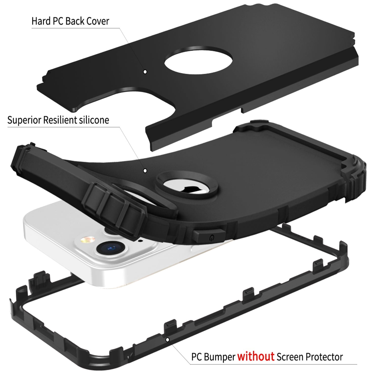 iPhone 14 Plus Case 6.7 inch 2022, Allytech Heavy Duty Hybrid Hard PC Back + Soft TPU Inner + Front PC Frame Drop Protection Case for iPhone 14 Plus 5G, Black