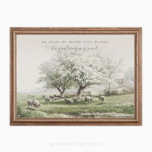 Kiloa Psalm 23 Still Waters Scripture Wall Art Printable, Bible Verse, Christian Decor,, Vintage Christian, Jesus, Nursery, Sheep, 8x12 UNFRAMED