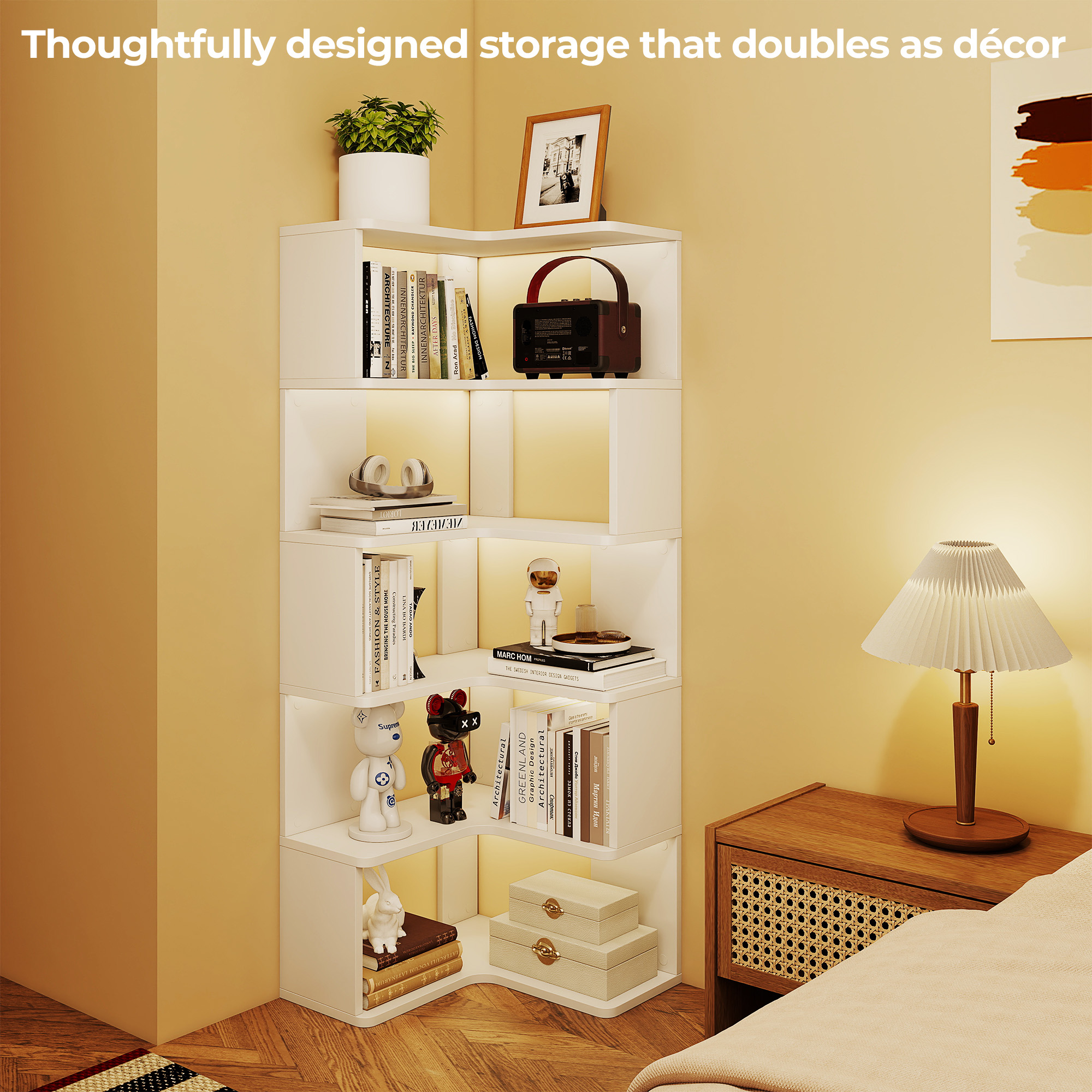 6-Tier Corner Bookshelf, 62.2" Tall Bookcase with Baffle, Large Modern Display Rack for Living Room, Home Office Storage, White