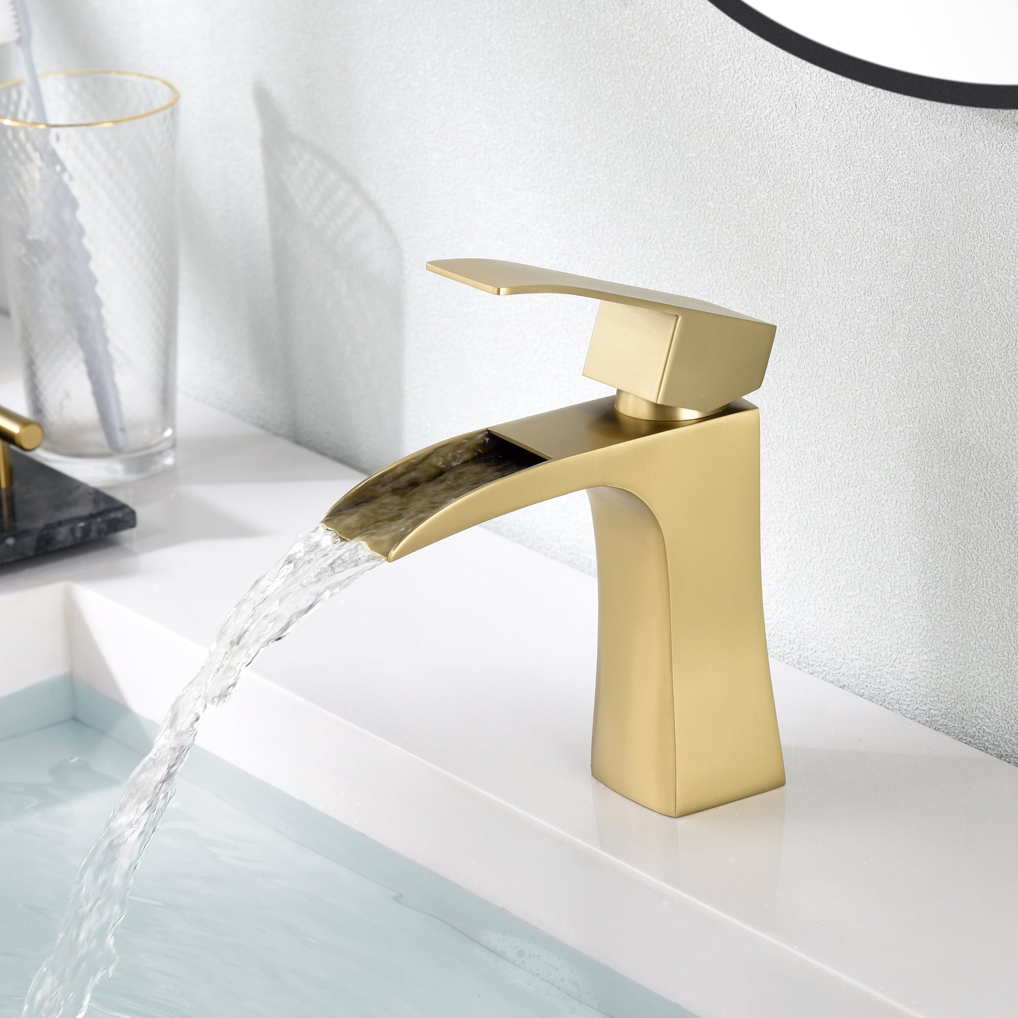 SUMERAIN Waterfall Bathroom Sink Faucet Brushed Gold Single Handle Single Hole Bathroom Vanity Faucet Stainless Steel