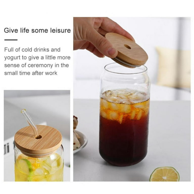Drinking Glass with Bamboo Lids and Glass Straws, 18.6 oz Can