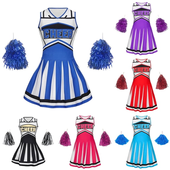 Girls Cheerleading Performance Outfit Dance Gymnastics with Top and Skirt for Kids Youth Set Blue Size 7-8 Y