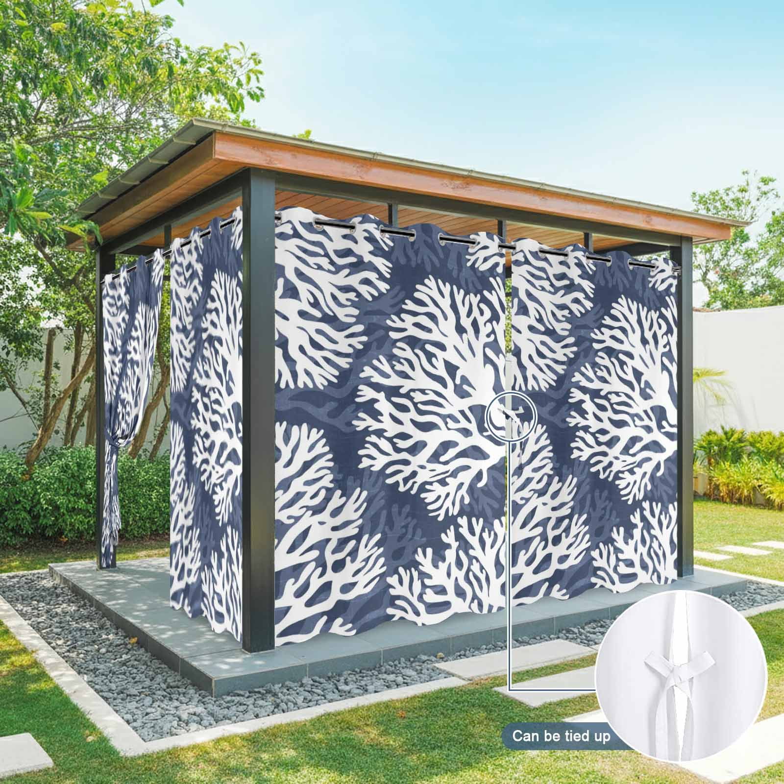 Navy Blue Coral Outdoor Curtains for Patio, Coastal Ocean Beach Summer Nautical Modern Sunshade Privacy Drapes Grommet Waterproof Outside Curtains for Porch/Cabana/Balcony 54"x 108", 1 Panel
