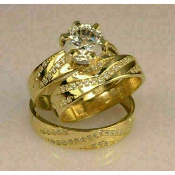 Diastar Jewels 14K Yellow Gold Finish 3Ct Cubic Zirconia Trio His Her Band Engagement Ring Set