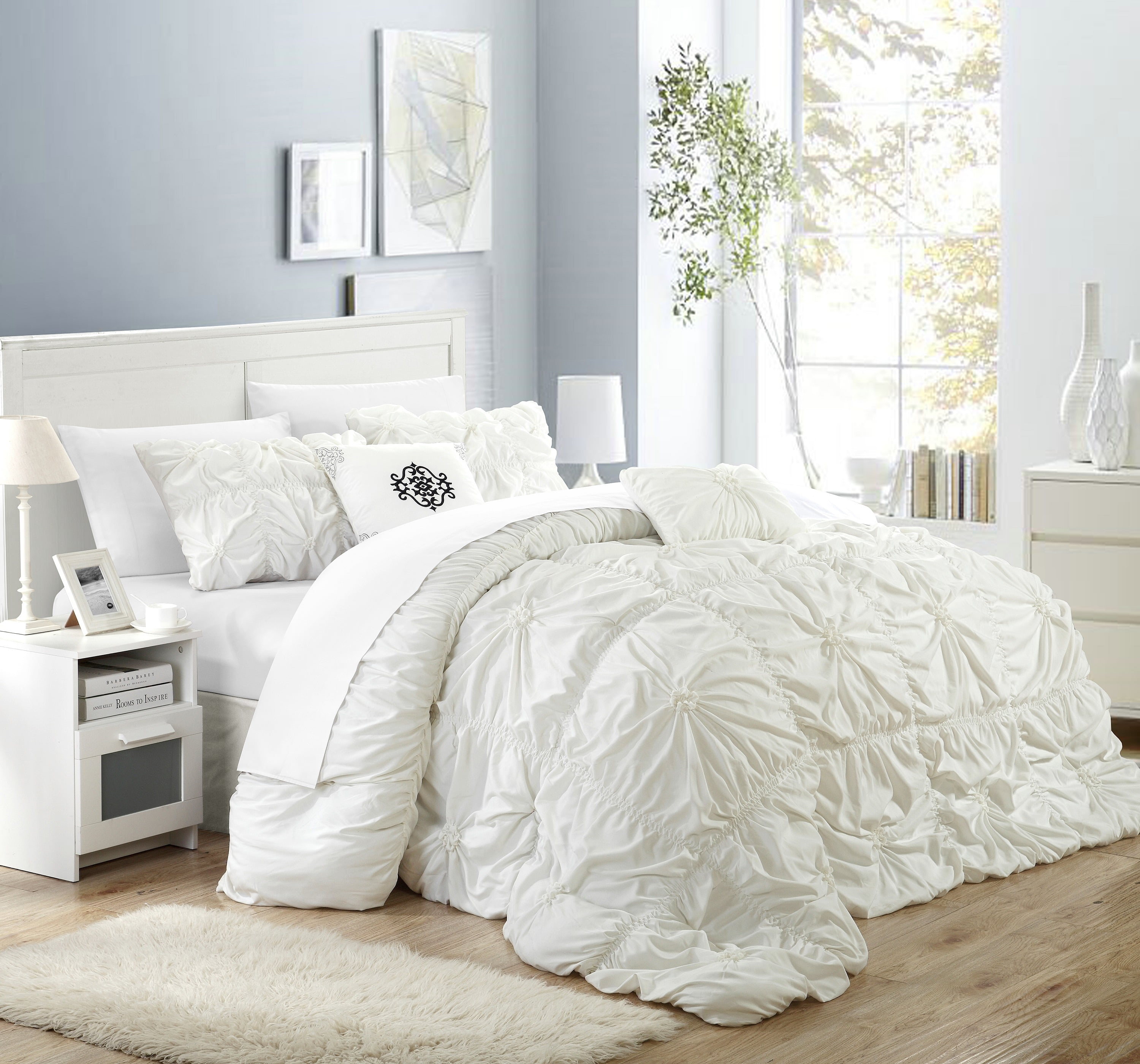Full Queen King 5 PC Grey White & Black Comforter Set w/ Burnout Lace Design 