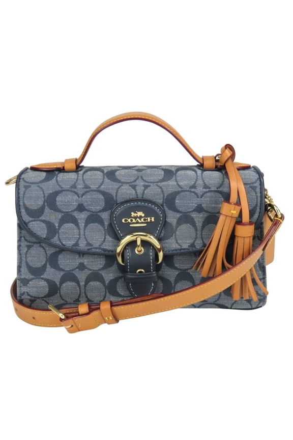 Pre-Owned Coach Signature Handbag C8513 Fringe Canvas Leather Navy Brown 2-Way Shoulder Bag for...