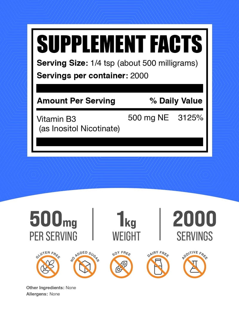 BulkSupplements Flush Free Niacin (Inositol Hexanicotinate) Powder- 500mg per Serving - 1 Kilogram (2.2 lbs) - 2000 Servings