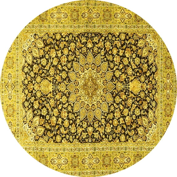 Ahgly Company Machine Washable Indoor Round Medallion Yellow Traditional Area Rugs, 5' Round