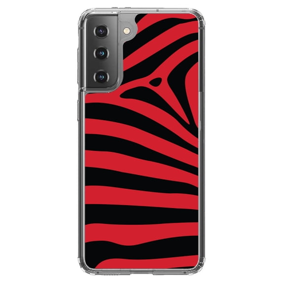 DistinctInk Clear Shockproof Hybrid Case for Galaxy S21  PLUS 5G (6.7" Screen) - TPU Bumper, Acrylic Back, Tempered Glass Screen Protector - Black Red Zebra Skin Stripes