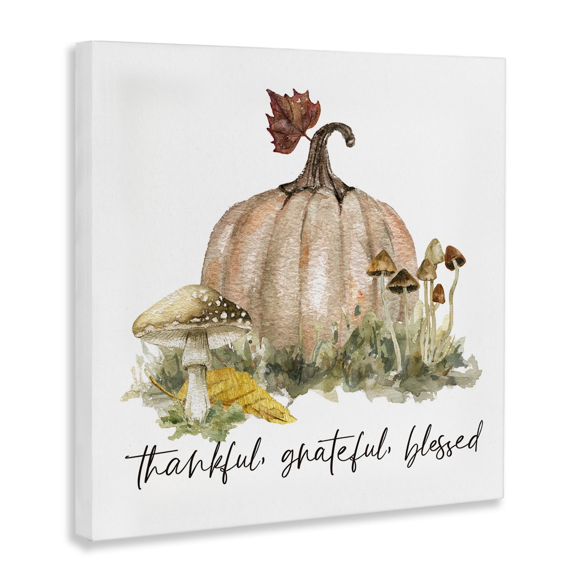 Stupell Industries Thankful Pumpkin & Mushrooms Botanical & Floral Painting Gallery Wrapped Canvas Art Prints Wall Art, 30 x 30