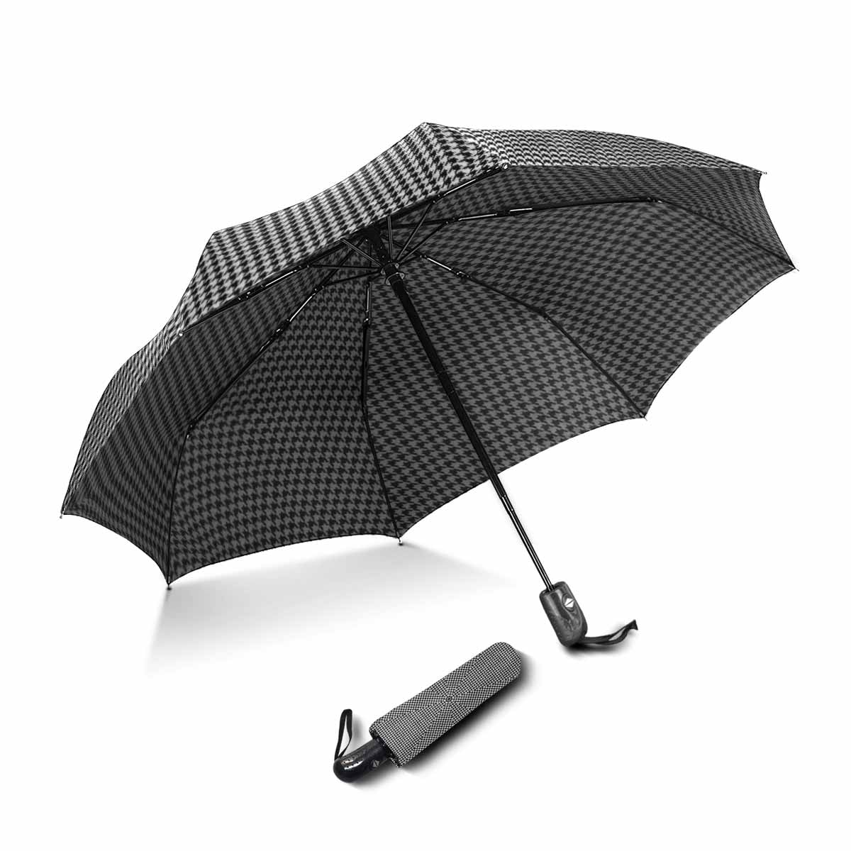 SUNENAT Classical Black and White Houndstooth Checkered Pattern Polyester Pongee Automatic Travel Umbrella, Windproof Compact Automatic Folding UV and Rain Umbrella