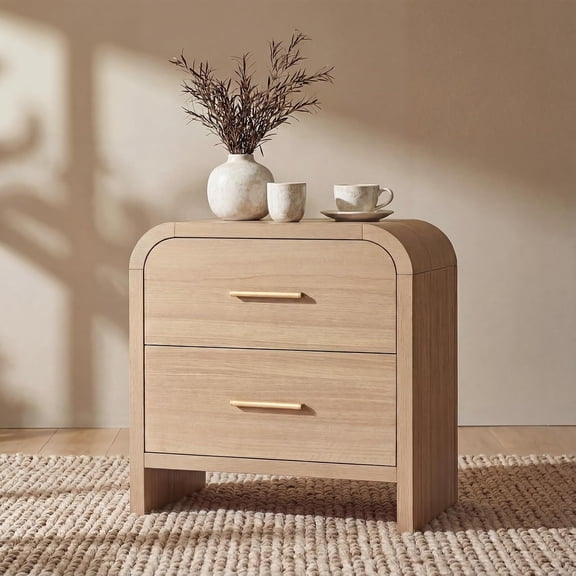 2-Drawer Nightstand, 24" H Modern Bedside Table with Curved Profile, FSC-Certified Wood, Metal Handle Side End Table