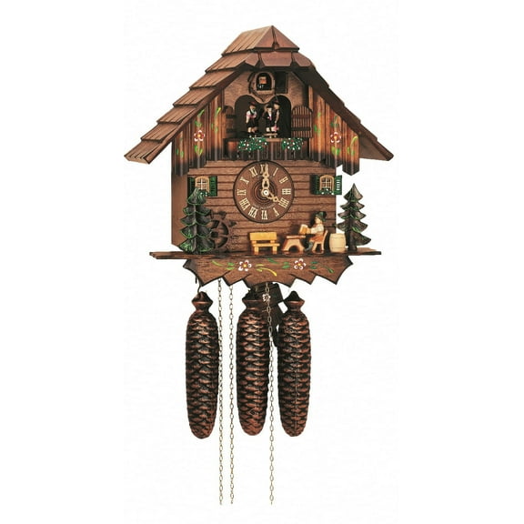 Cuckoo Clock Black Forest house with moving beer drinker and mill wheel