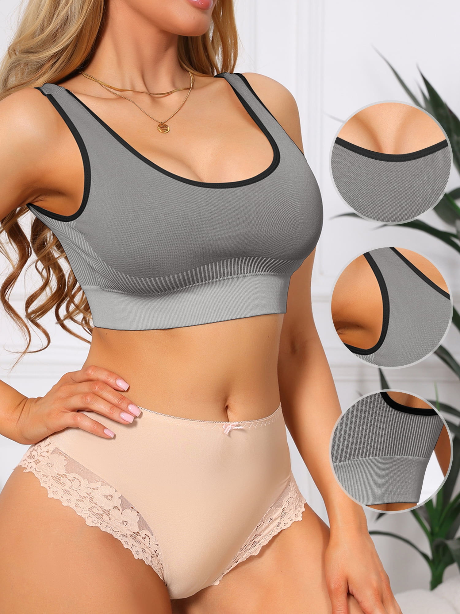DARING DIVA Women's U-Neck Breathable Wide Strap Padded Sports Bra M Light Gray