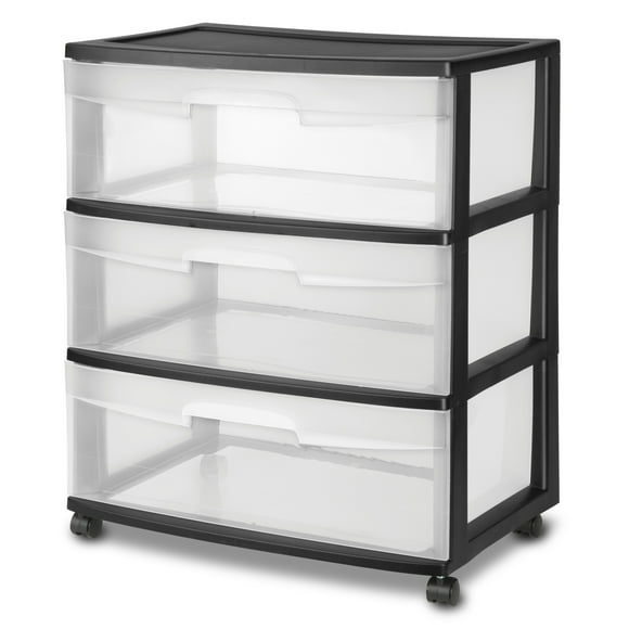 Sterilite Wide 3 Drawer Cart, Black