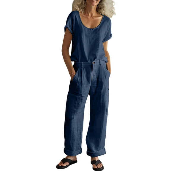 Jewelreauty Two Piece Linen Outfits for Women Wide Leg Cargo Pants Set with Short Sleeve Tops Summer Clothes (XL, Navy)