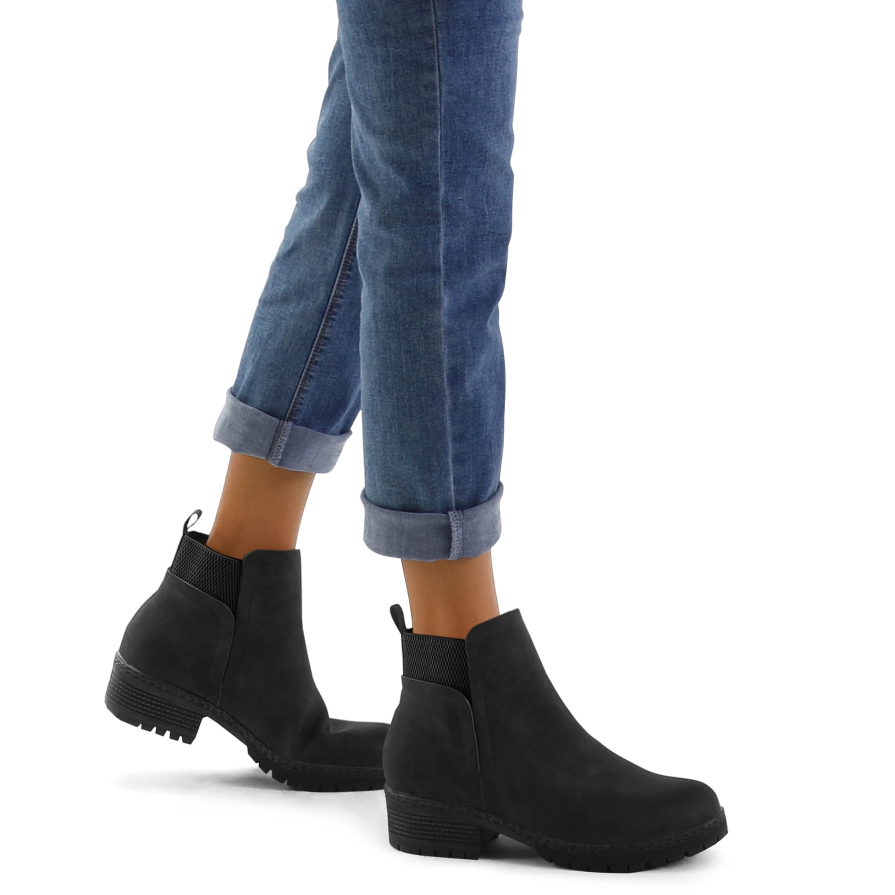 Pennysue Women's Ankle Boots Platform Lug Sole Chunky Heel Black Matte Chelsea Booties with Side Zipper Size 8