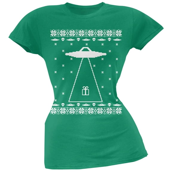 Alien Abduction Ugly Christmas Sweater Green Juniors T-Shirt - Medium
