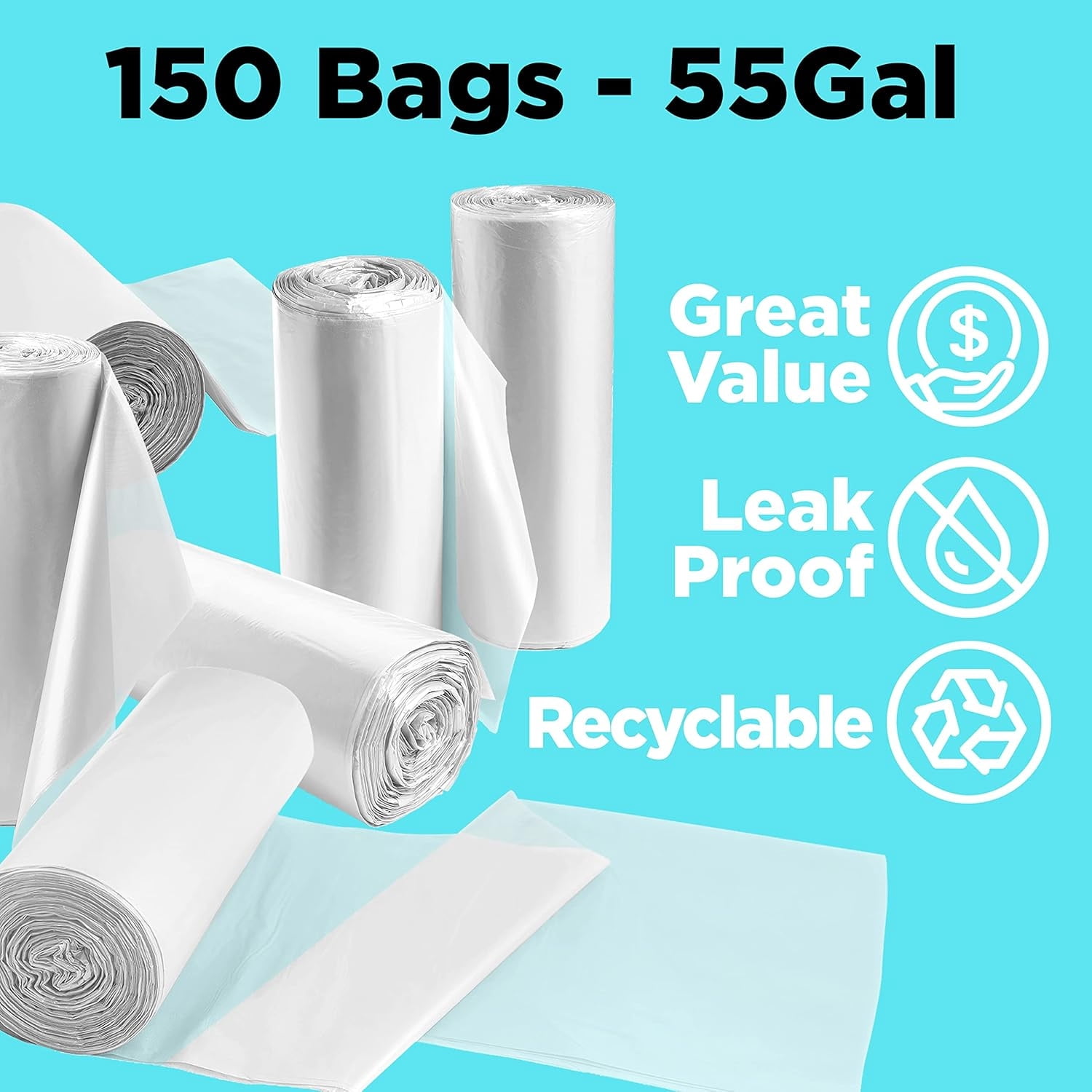 55 Gallon Clear Trash Bags Heavy Duty (150 COUNT) – Large Clear Trash Bags 55-60 Gallon Heavy Duty, Lawn and Leaf Trash Can Liners